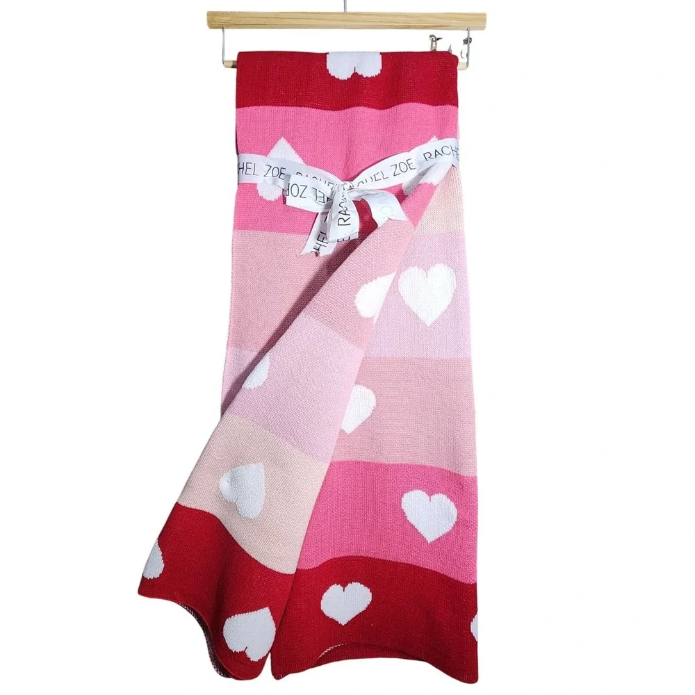 Zoe Rachel Cotton Blend Knit Throw Blanket Heart Color Block Pink Red 50x70